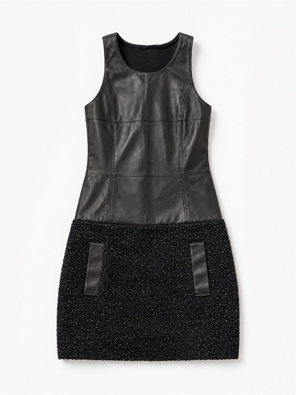 Bailey 44 Black Leather-Top Tweed Sheath Dress